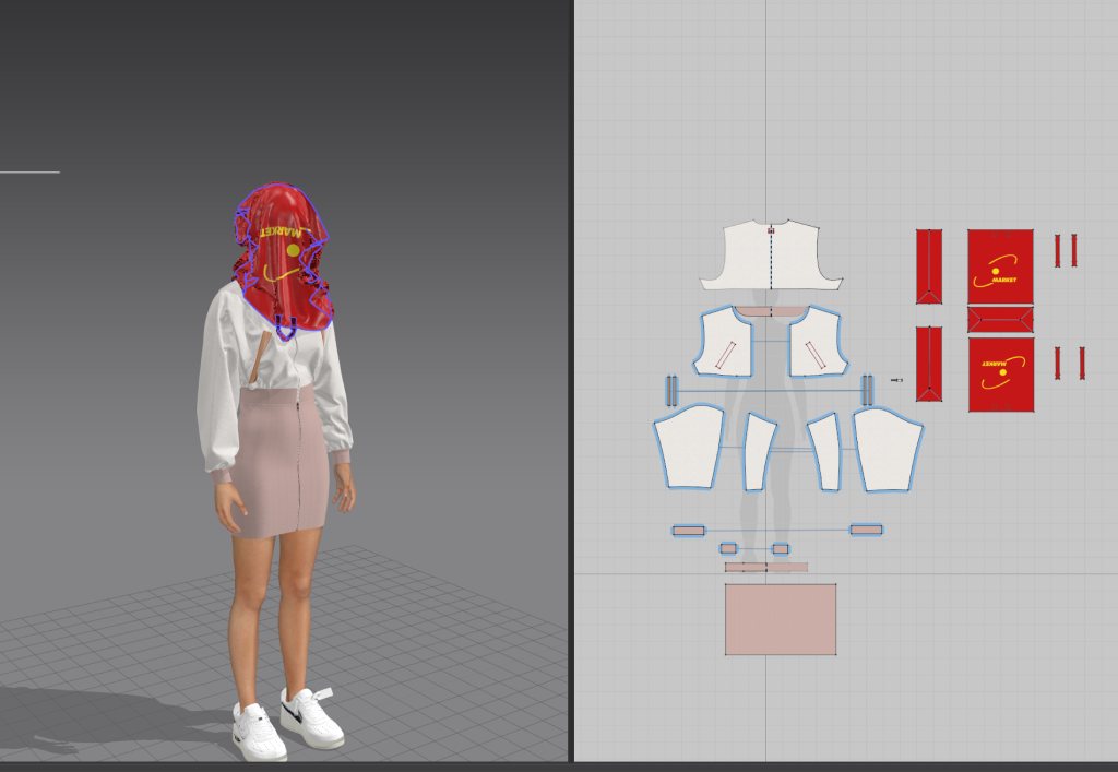 Making-of: Figur mit roter Tüte, daneben Schnittteile von Bluse, Rock und Tüte.